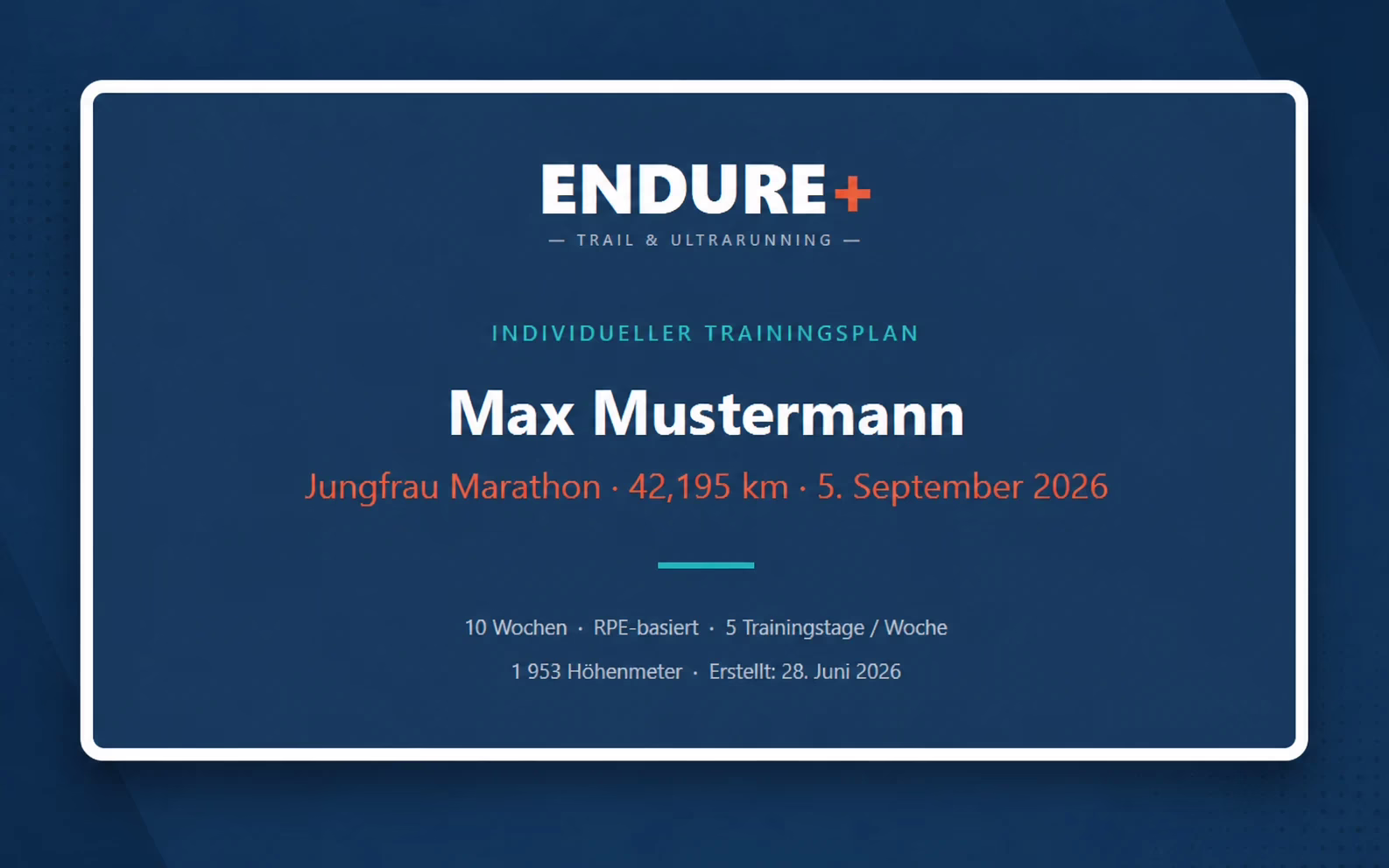 Muster-Titelseite individueller Trainingsplan Endure+ — Trailrunning & Ultramarathon